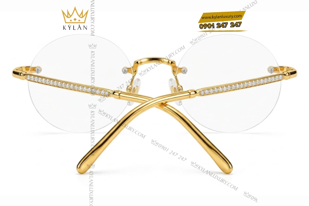 Mắt kính vàng hồng Au750 không viền tròng tròn đính kim cương