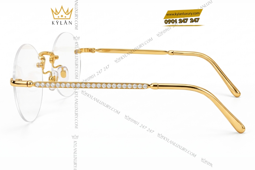 Mắt kính vàng hồng Au750 không viền tròng tròn đính kim cương