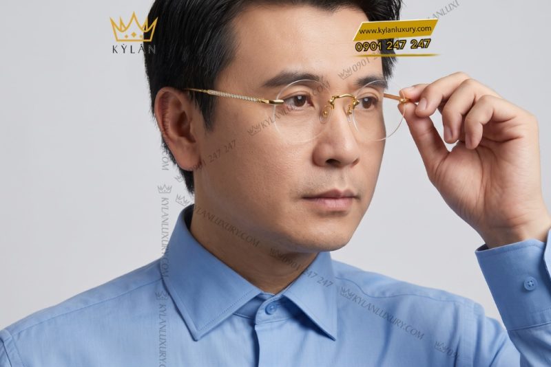 Mắt kính vàng hồng Au750 không viền tròng tròn đính kim cương