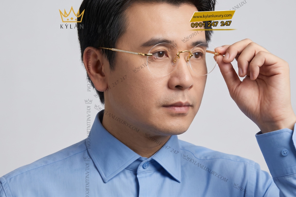 Mắt kính vàng hồng Au750 không viền tròng tròn đính kim cương