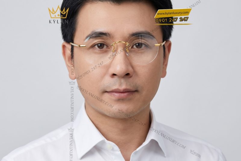Mắt kính vàng hồng Au750 không viền tròng tròn đính kim cương