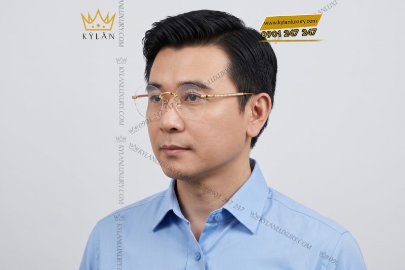 Mắt kính vàng hồng Au750 không viền tròng tròn đính kim cương