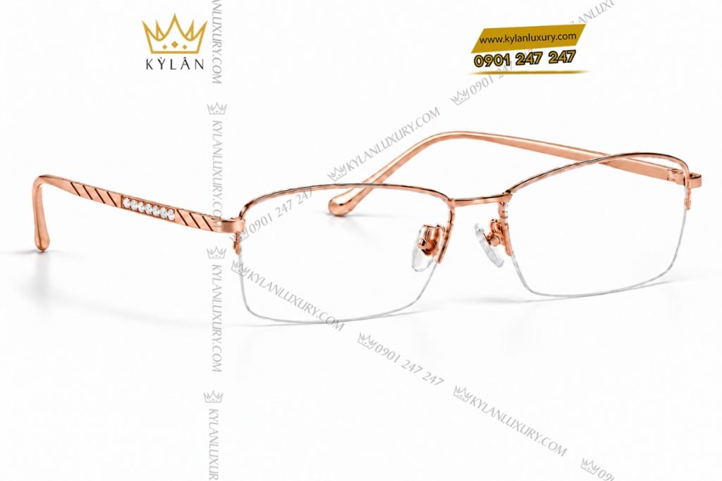 Kỳ Lân Luxury Mat kinh vang hong Au750 nua vien hoa tiet cheo dinh kim cuong 4 Mắt kính vàng hồng Au750 nửa viền họa tiết chéo đính kim cương