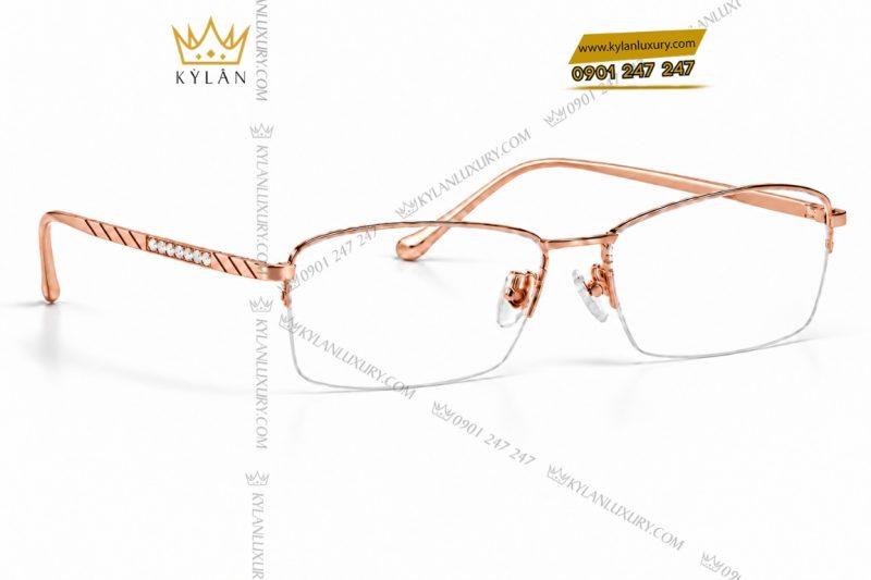 Mắt kính vàng hồng Au750 nửa viền họa tiết chéo đính kim cương