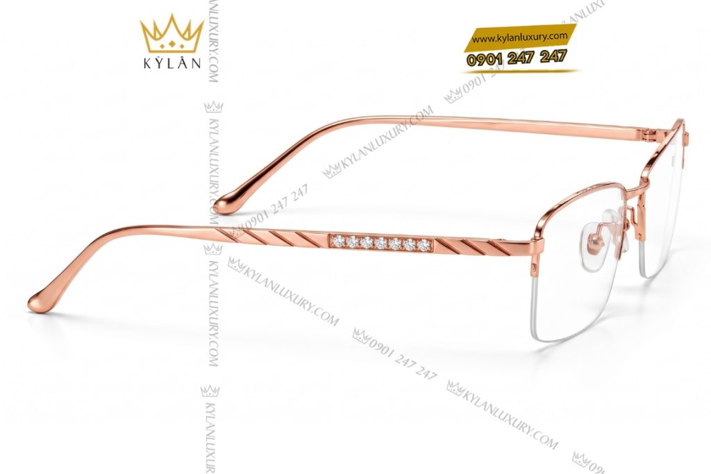 Mắt kính vàng hồng Au750 nửa viền họa tiết chéo đính kim cương