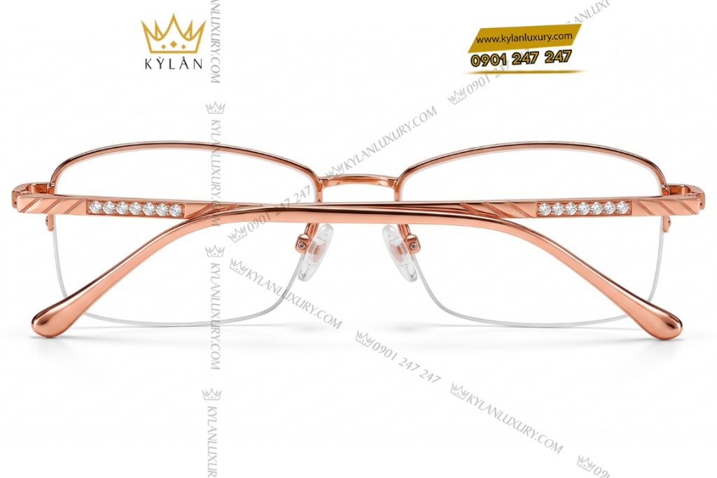 Kỳ Lân Luxury Mat kinh vang hong Au750 nua vien hoa tiet cheo dinh kim cuong 6 Mắt kính vàng hồng Au750 nửa viền họa tiết chéo đính kim cương