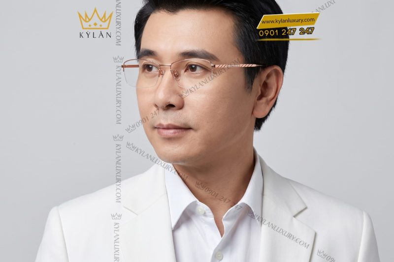 Mắt kính vàng hồng Au750 nửa viền họa tiết chéo đính kim cương