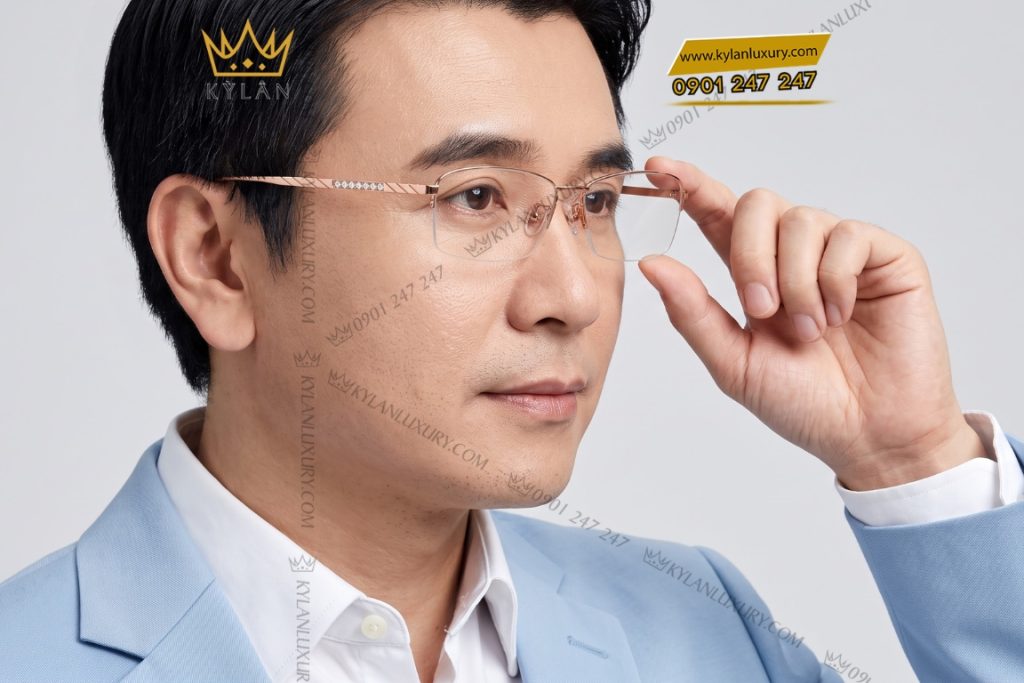 Kỳ Lân Luxury Mat kinh vang hong Au750 nua vien hoa tiet cheo dinh kim cuong 9 Mắt kính vàng hồng Au750 nửa viền họa tiết chéo đính kim cương