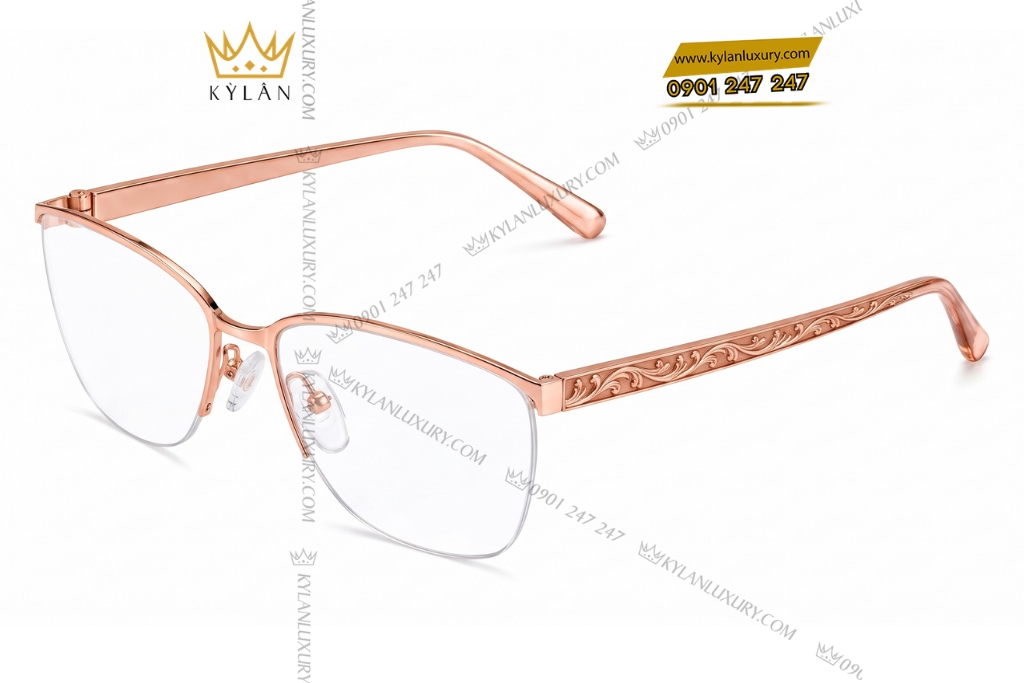 Kỳ Lân Luxury Mat kinh vang hong Au750 nua vien hoa tiet day la uon luon 2 Mắt kính vàng hồng Au750 nửa viền họa tiết dây lá uốn lượn