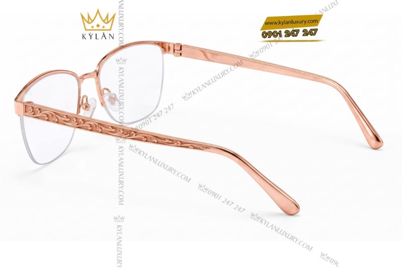 Mắt kính vàng hồng Au750 nửa viền họa tiết dây lá uốn lượn