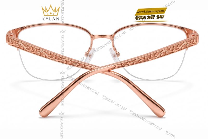 Mắt kính vàng hồng Au750 nửa viền họa tiết dây lá uốn lượn