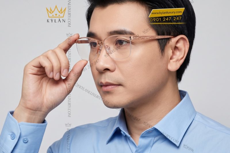 Mắt kính vàng hồng Au750 nửa viền họa tiết dây lá uốn lượn
