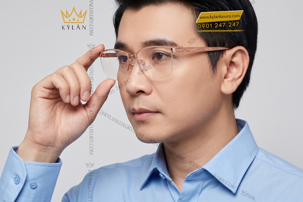 Mắt kính vàng hồng Au750 nửa viền họa tiết dây lá uốn lượn