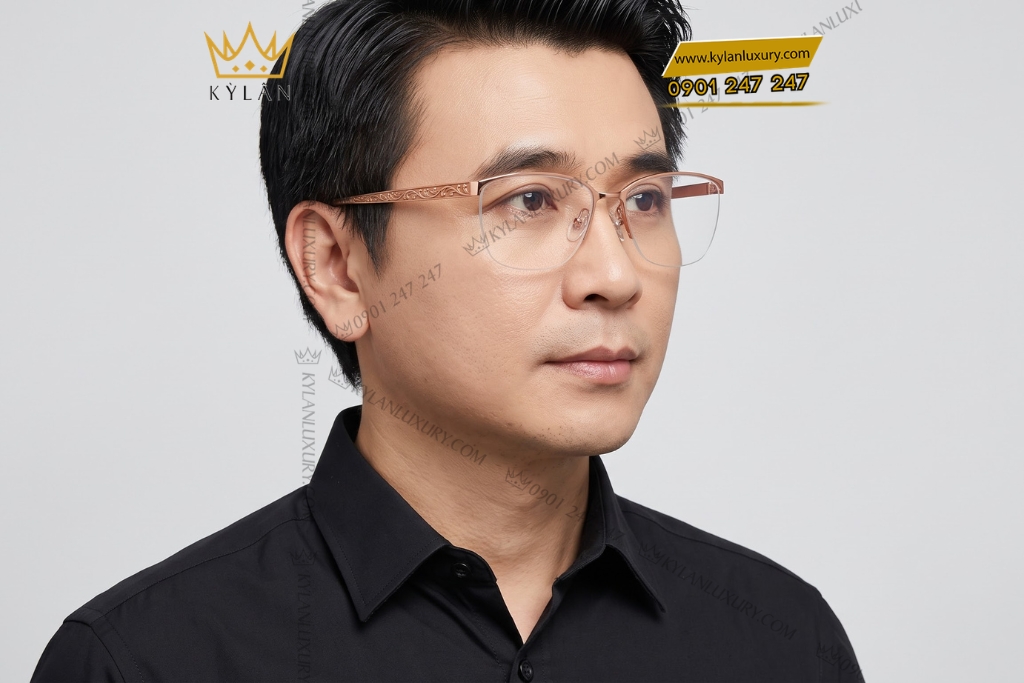 Kỳ Lân Luxury Mat kinh vang hong Au750 nua vien hoa tiet day la uon luon 8 Mắt kính vàng hồng Au750 nửa viền họa tiết dây lá uốn lượn