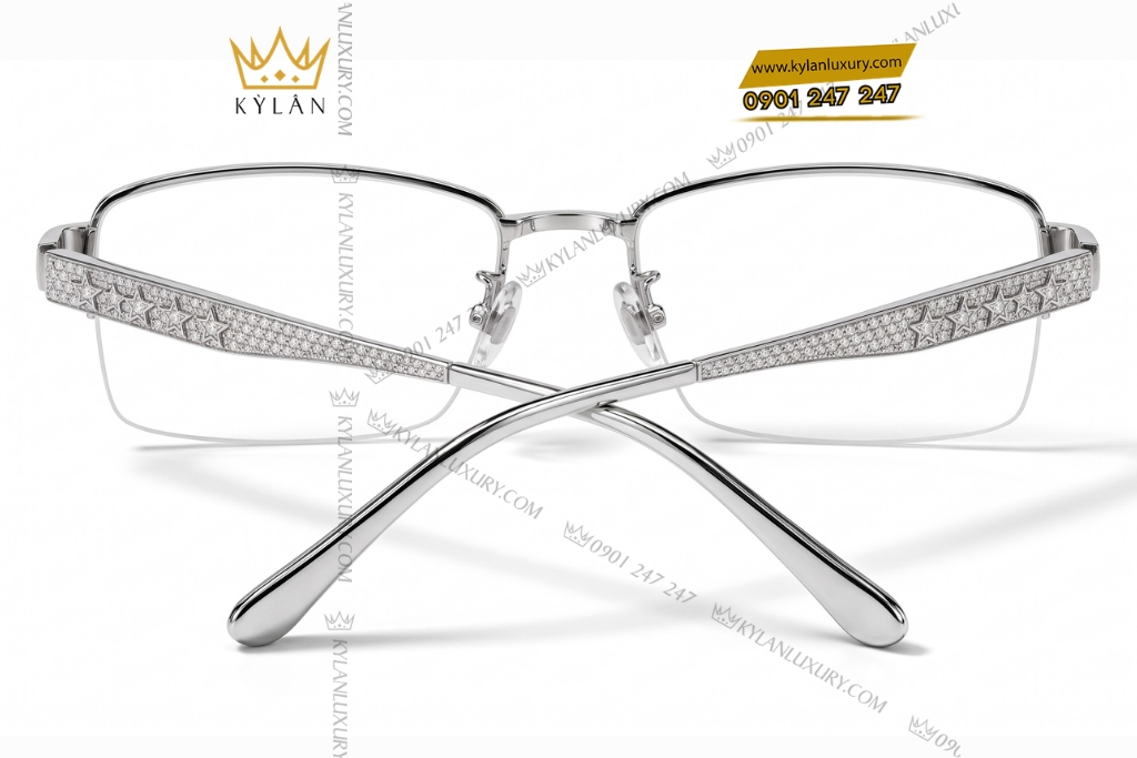 Kỳ Lân Luxury Mat kinh vang trang Au750 dinh kim cuong hoa tiet nam ngoi sao 3 Mắt kính vàng trắng Au750 đính kim cương họa tiết năm ngôi sao