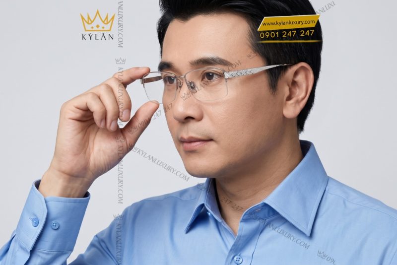 Mắt kính vàng trắng Au750 đính kim cương họa tiết năm ngôi sao