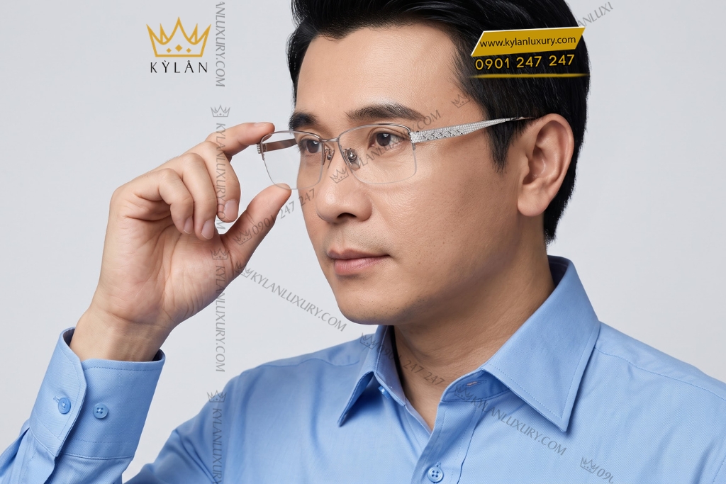 Mắt kính vàng trắng Au750 đính kim cương họa tiết năm ngôi sao