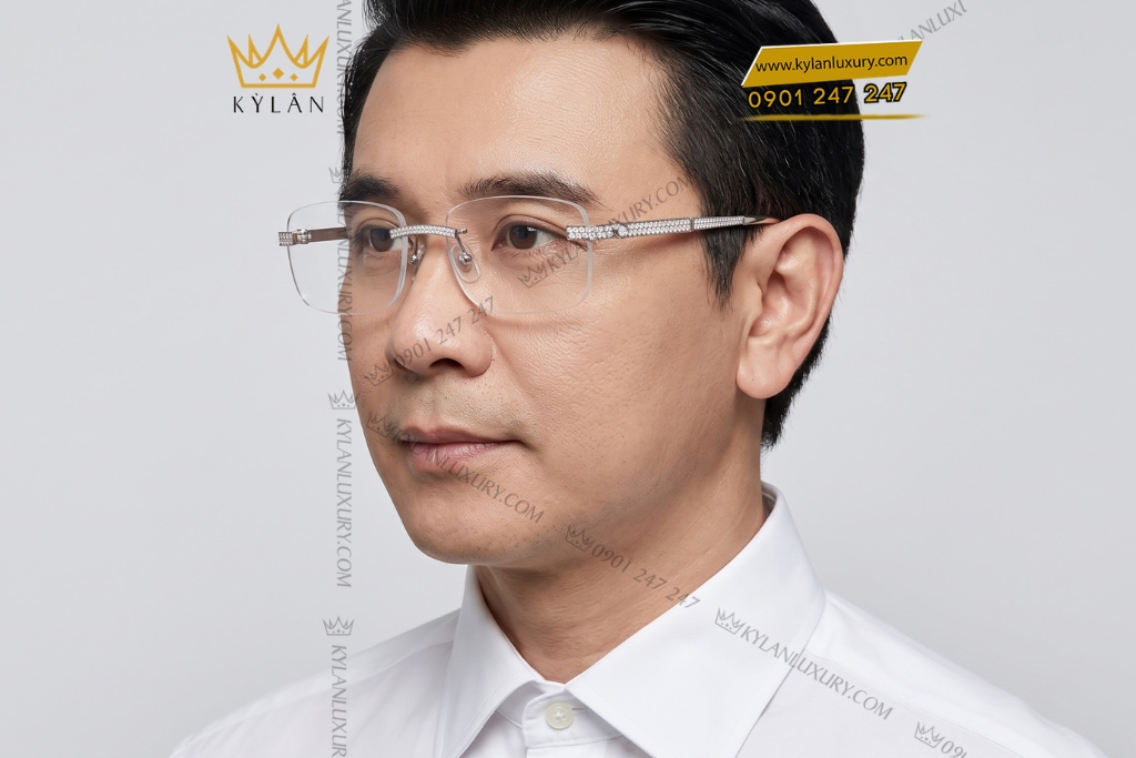 Mắt kính vàng trắng Au750 không viền đính kim cương