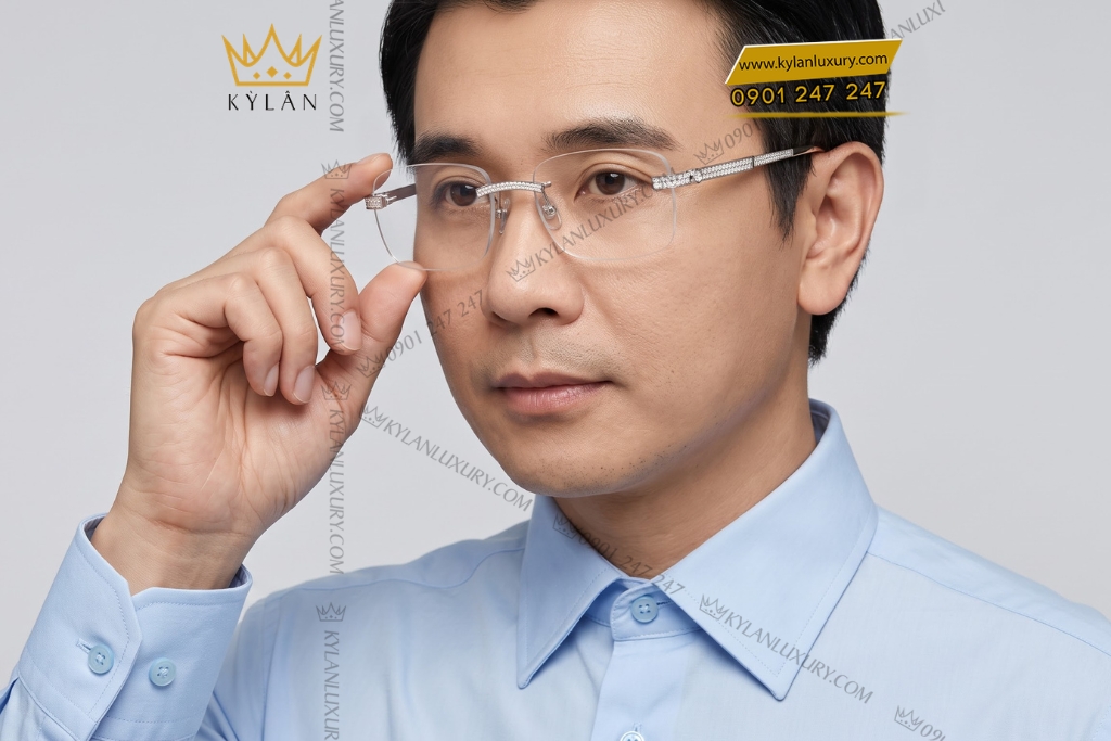 Mắt kính vàng trắng Au750 không viền đính kim cương
