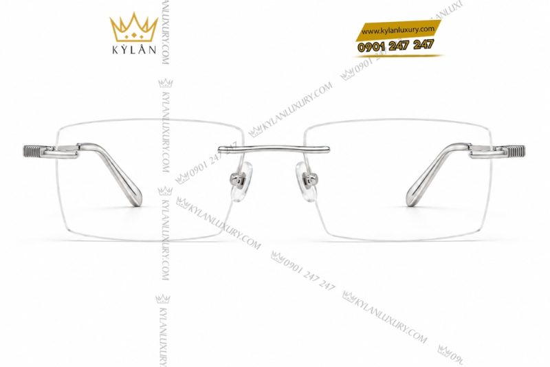 Mắt kính vàng trắng Au750 không viền họa tiết rãnh nổi