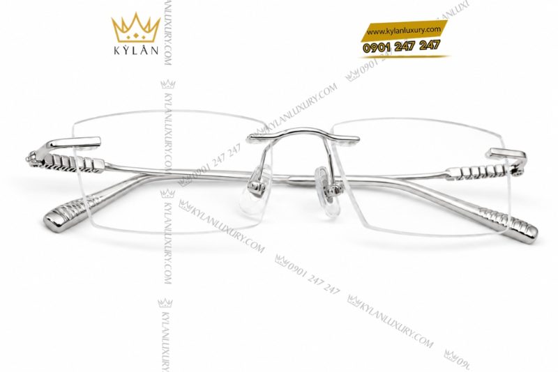 Mắt kính vàng trắng Au750 không viền họa tiết rãnh nổi