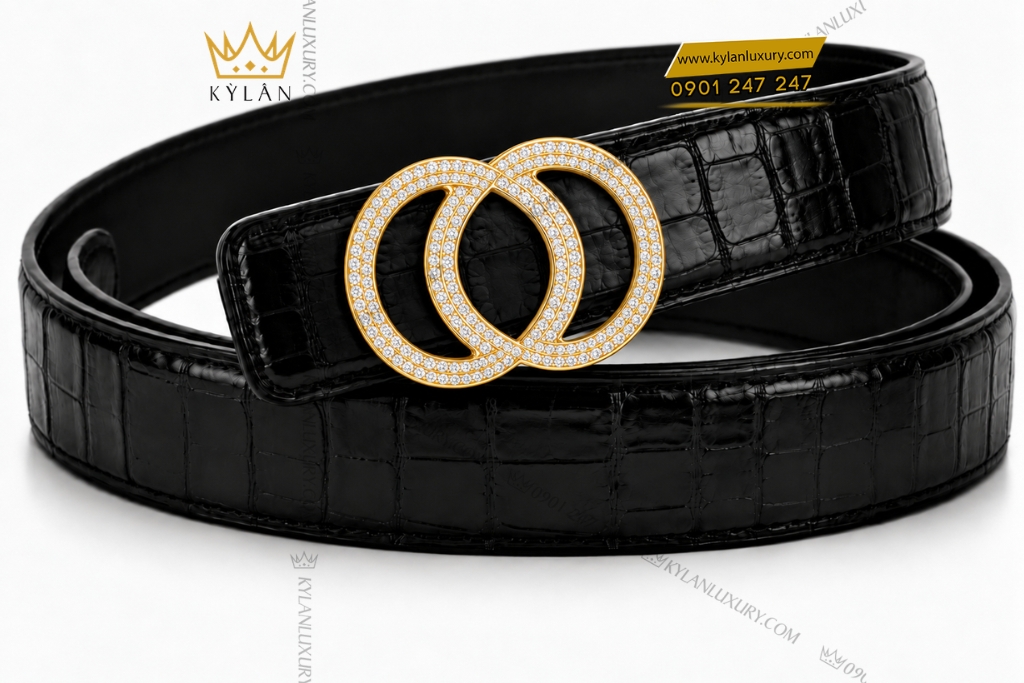 Kỳ Lân Luxury Mat that lung vang Au750 hai vong tron dan xen dinh kim cuong 7 Mặt thắt lưng vàng Au750 hai vòng tròn đan xen đính kim cương