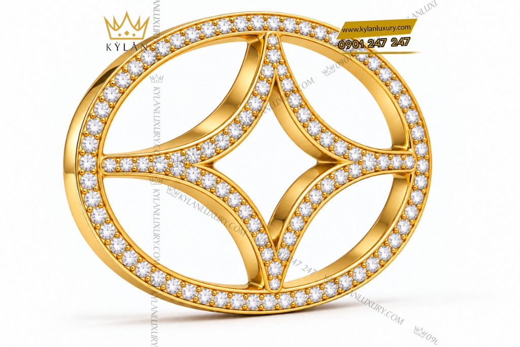 Kỳ Lân Luxury Mat that lung vang Au750 khung oval bon nhanh dinh kim cuong 2 Mặt thắt lưng vàng Au750 khung oval bốn nhánh đính kim cương