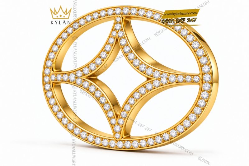 Mặt thắt lưng vàng Au750 khung oval bốn nhánh đính kim cương