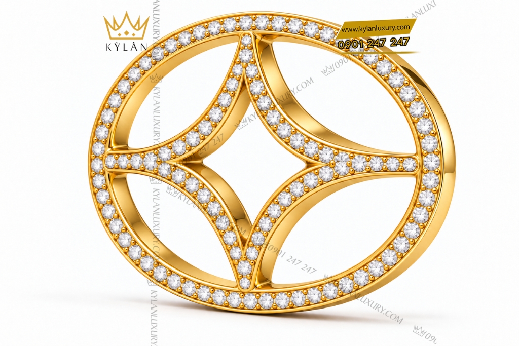 Mặt thắt lưng vàng Au750 khung oval bốn nhánh đính kim cương