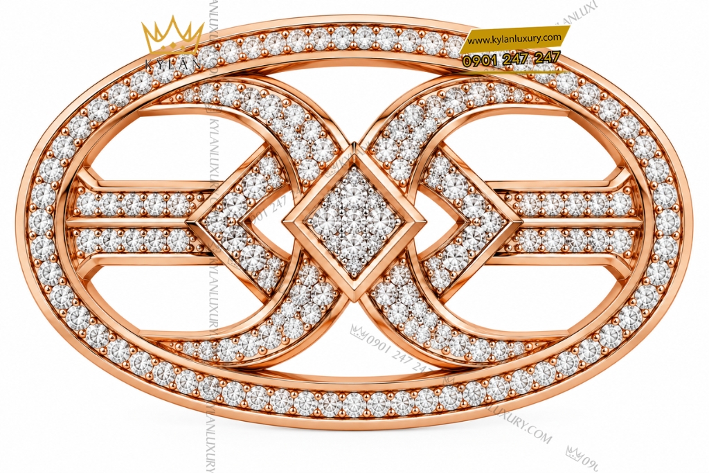 Kỳ Lân Luxury Mat that lung vang hong Au750 khung oval hinh hoc dinh kim cuong 1 Mặt thắt lưng vàng hồng Au750 khung oval hình học đính kim cương
