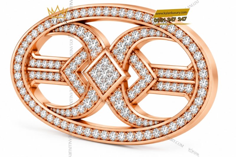Mặt thắt lưng vàng hồng Au750 khung oval hình học đính kim cương