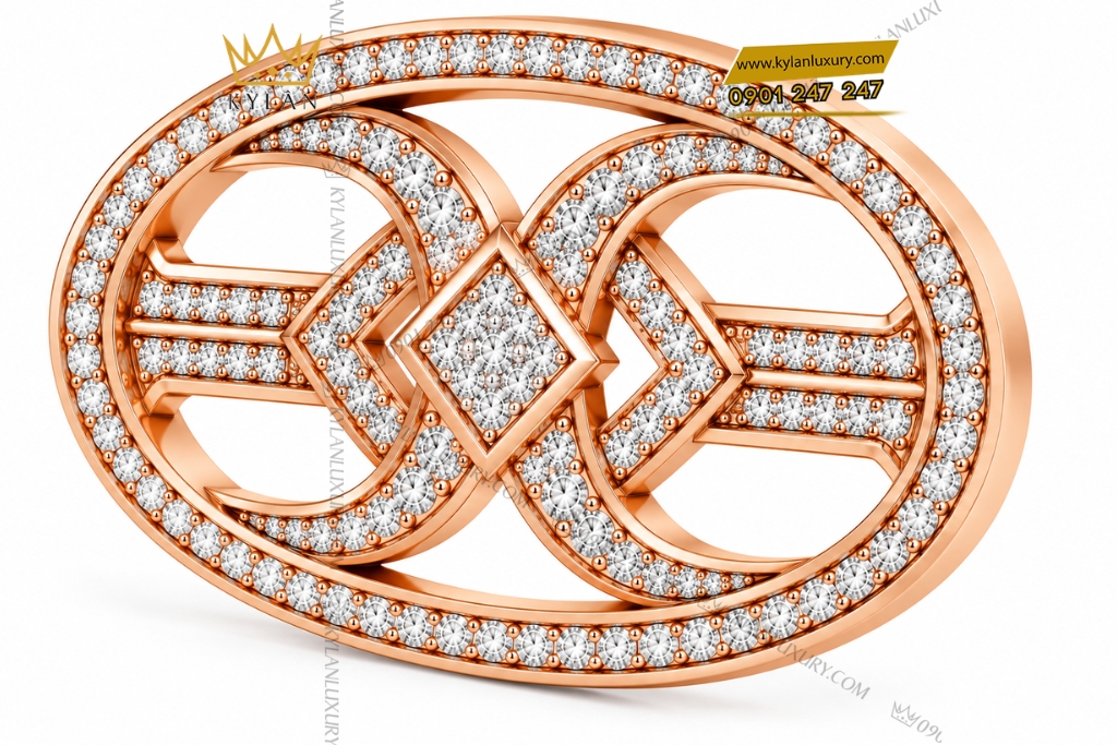 Kỳ Lân Luxury Mat that lung vang hong Au750 khung oval hinh hoc dinh kim cuong 2 Mặt thắt lưng vàng hồng Au750 khung oval hình học đính kim cương