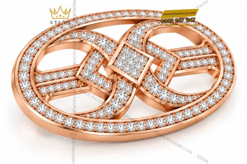 Mặt thắt lưng vàng hồng Au750 khung oval hình học đính kim cương