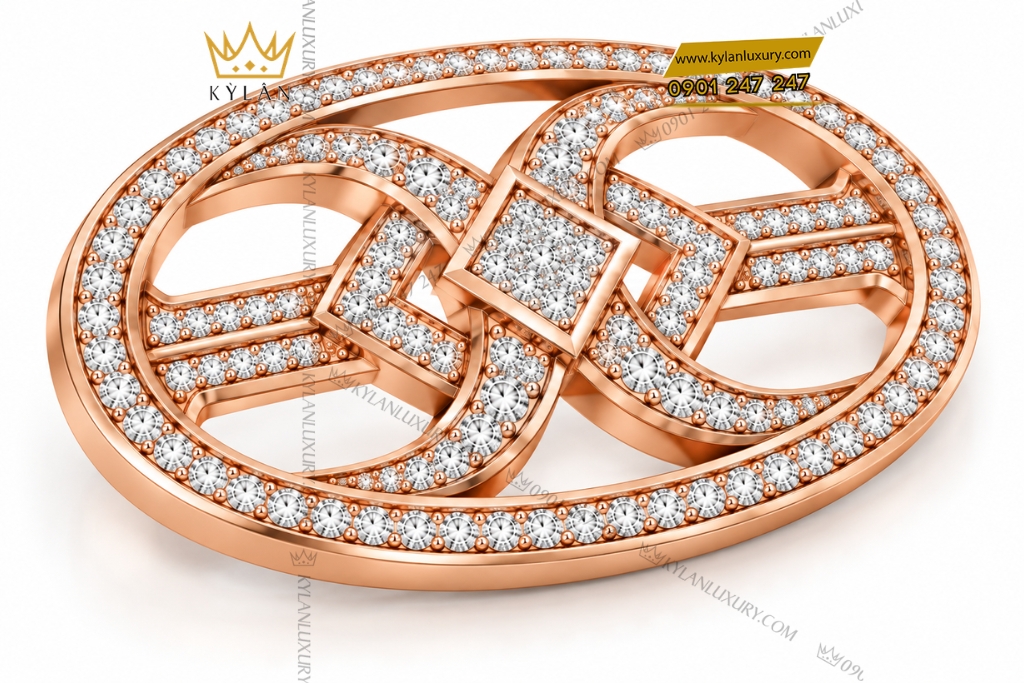 Mặt thắt lưng vàng hồng Au750 khung oval hình học đính kim cương