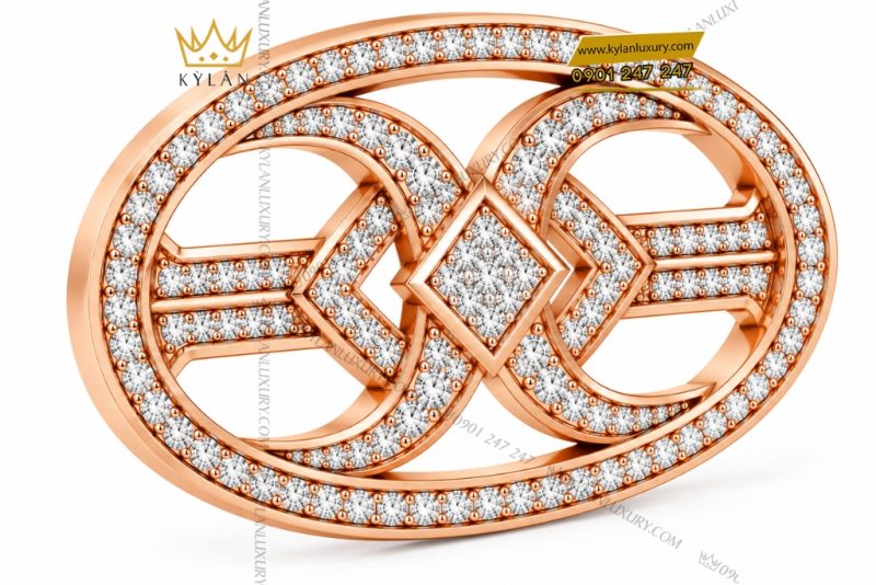 Mặt thắt lưng vàng hồng Au750 khung oval hình học đính kim cương