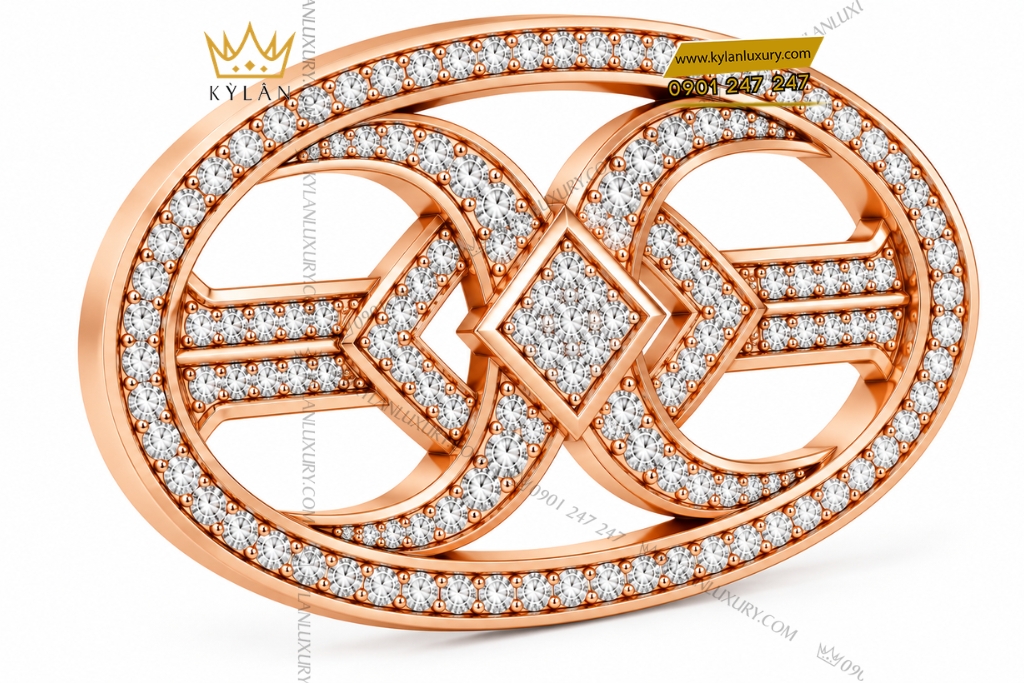 Mặt thắt lưng vàng hồng Au750 khung oval hình học đính kim cương
