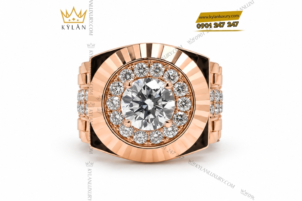 Nhẫn Kỳ Lân Signature vàng hồng Au750 đính viên chủ 8ly1 3 Nhẫn Kỳ Lân Signature vàng hồng Au750 đính viên chủ 8 ly 1