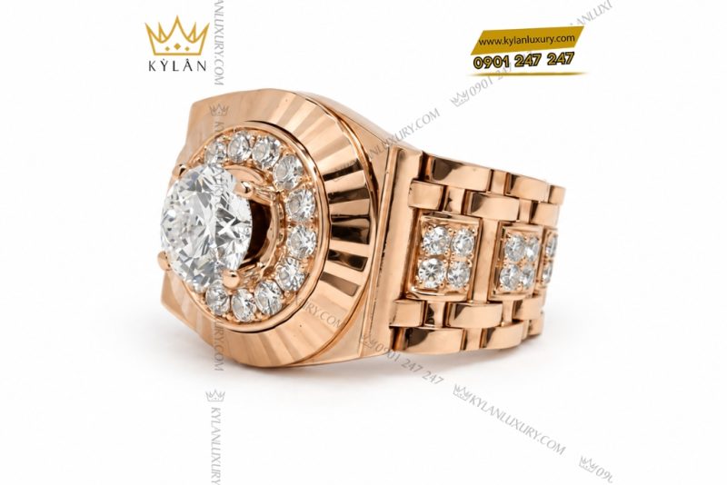 Nhẫn Kỳ Lân Signature vàng hồng Au750 đính viên chủ 8ly1