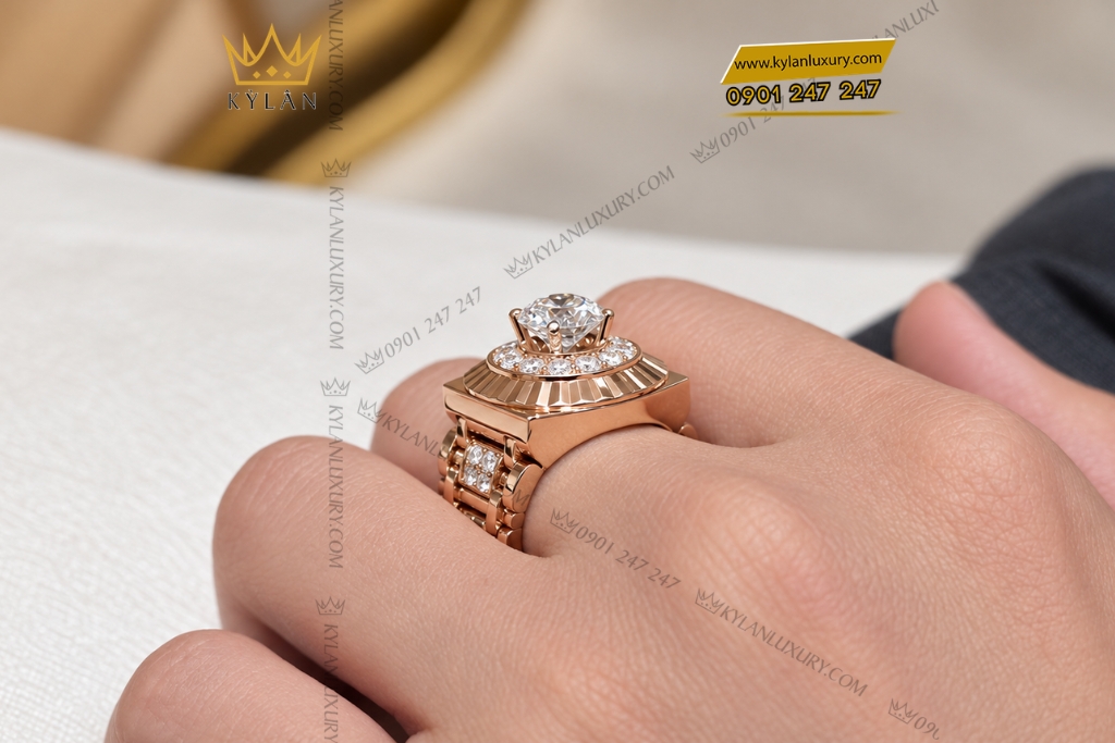 Nhẫn Kỳ Lân Signature vàng hồng Au750 đính viên chủ 8ly1 7 Nhẫn Kỳ Lân Signature vàng hồng Au750 đính viên chủ 8 ly 1