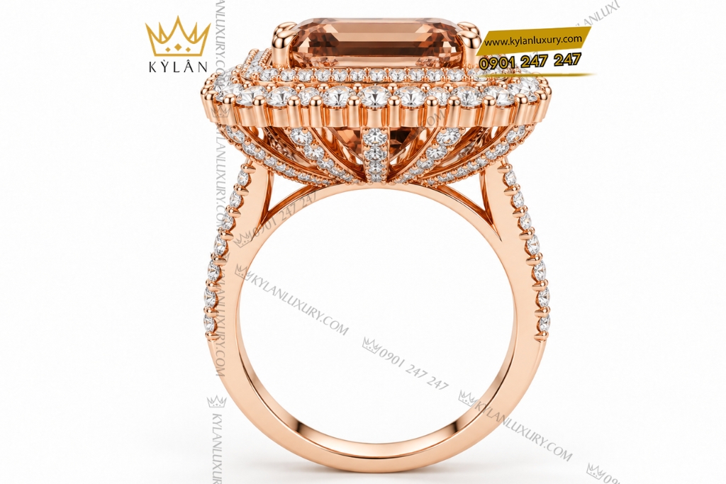Nhẫn nữ vàng hồng Au750 đính kim cương và đá quý
