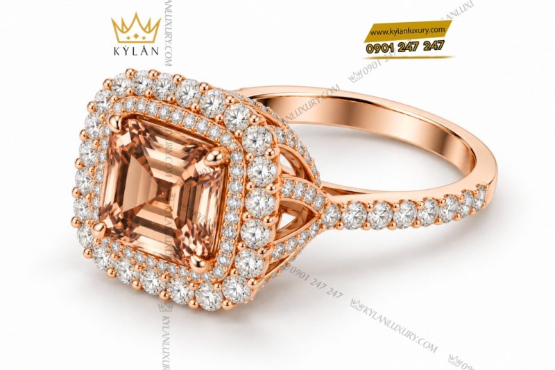 Nhẫn nữ vàng hồng Au750 đính kim cương và đá quý