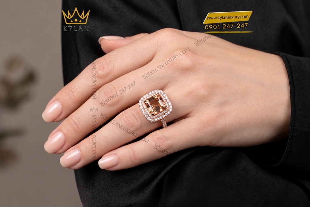 Nhẫn nữ vàng hồng Au750 đính kim cương và đá quý
