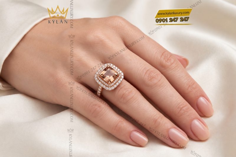 Nhẫn nữ vàng hồng Au750 đính kim cương và đá quý
