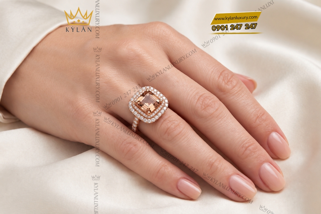 Kỳ Lân Luxury Nhan nu vang hong Au750 dinh kim cuong va da quy 7 Nhẫn nữ vàng hồng Au750 đính kim cương và đá quý