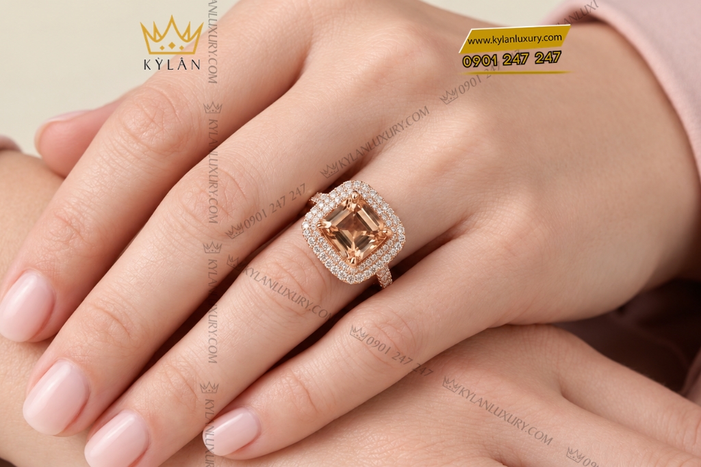 Nhẫn nữ vàng hồng Au750 đính kim cương và đá quý