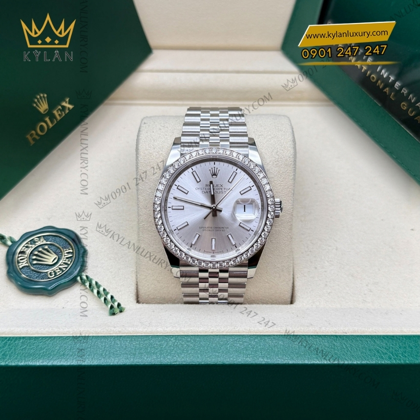 Kỳ Lân Luxury rolex datejust 36 mat bac coc da quang 126284rbr 0005 2 Đồng hồ Rolex Datejust 36 mặt bạc cọc số dạ quang 126284RBR-0005
