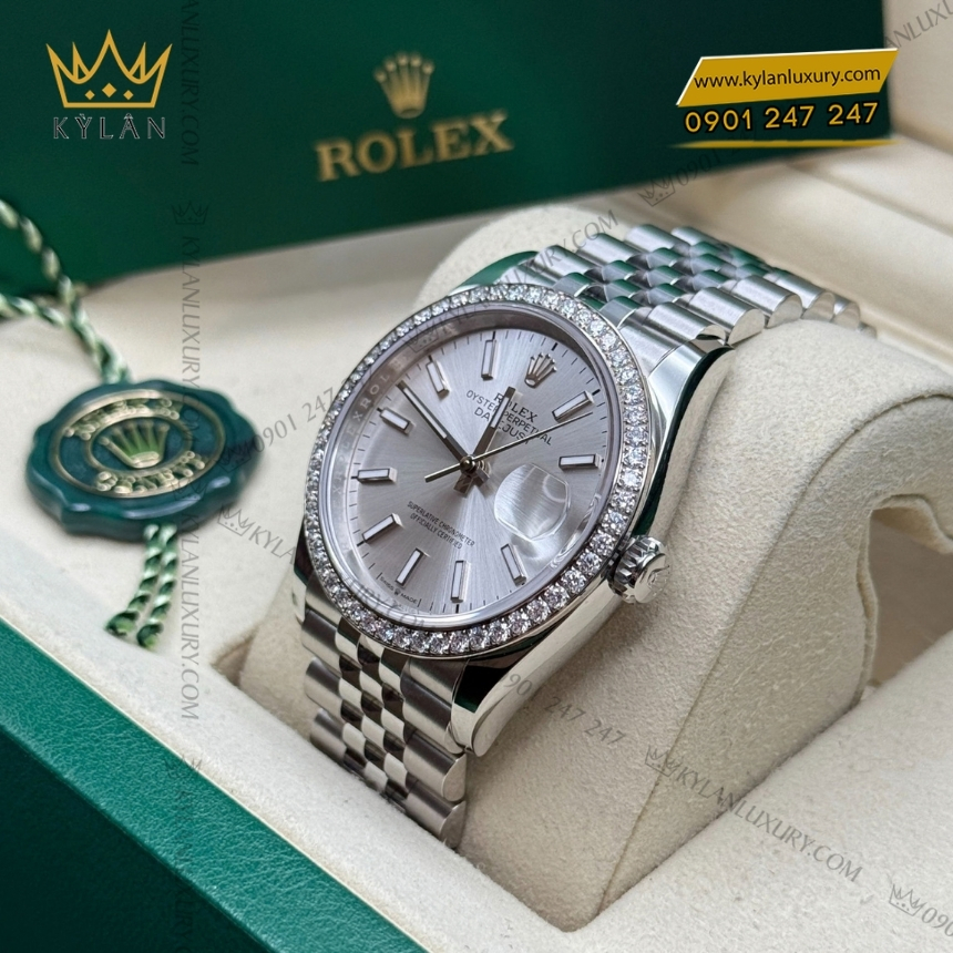 Kỳ Lân Luxury rolex datejust 36 mat bac coc da quang 126284rbr 0005 5 Đồng hồ Rolex Datejust 36 mặt bạc cọc số dạ quang 126284RBR-0005