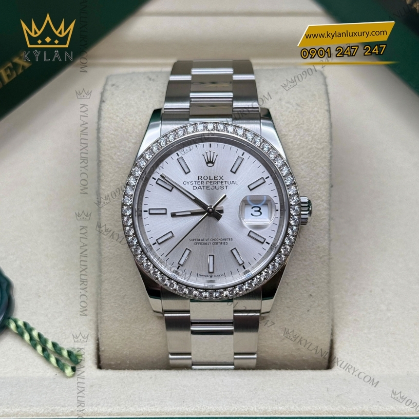 Kỳ Lân Luxury rolex datejust 36 mat bac vanh kim 126284rbr 0006 4 Đồng hồ Rolex Datejust 36 mặt bạc vành kim cương 126284RBR-0006
