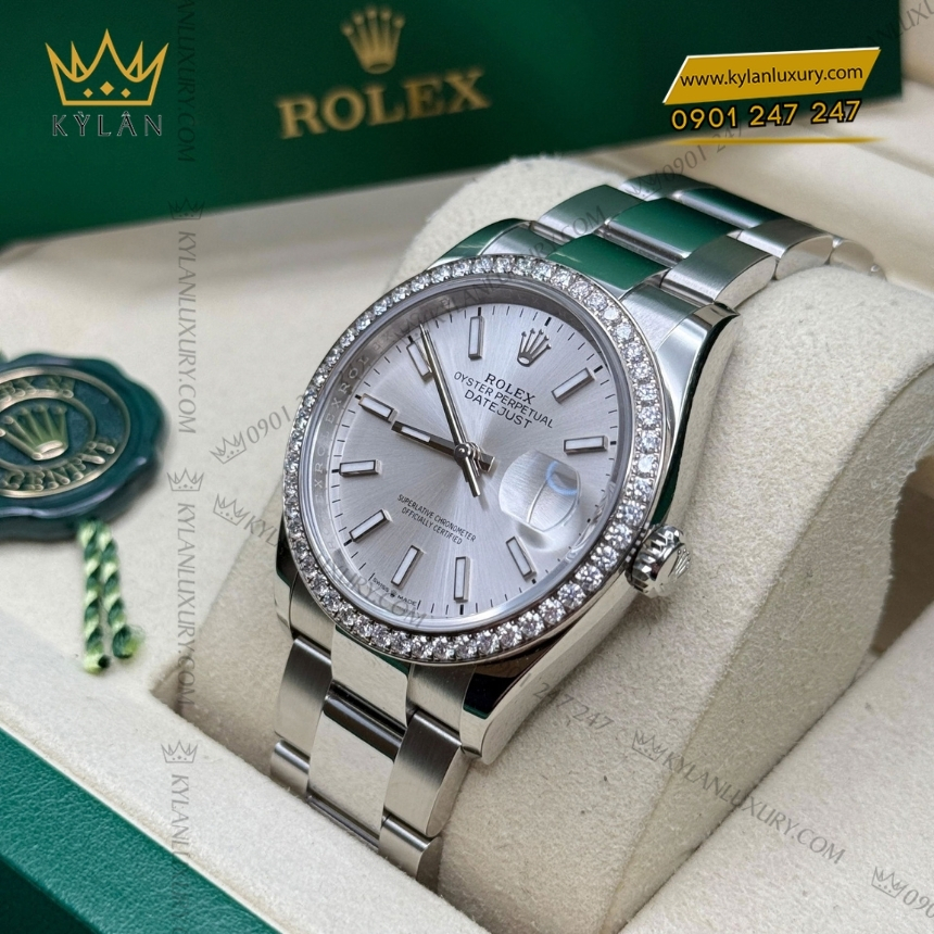 Kỳ Lân Luxury rolex datejust 36 mat bac vanh kim 126284rbr 0006 7 Đồng hồ Rolex Datejust 36 mặt bạc vành kim cương 126284RBR-0006