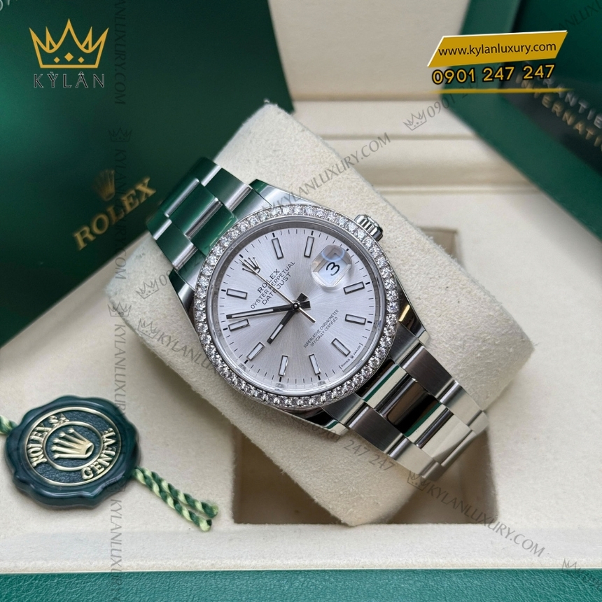 Kỳ Lân Luxury rolex datejust 36 mat bac vanh kim 126284rbr 0006 8 Đồng hồ Rolex Datejust 36 mặt bạc vành kim cương 126284RBR-0006